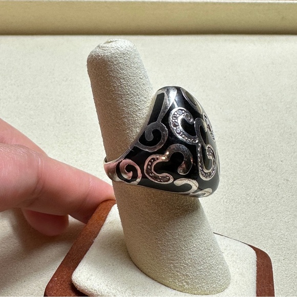 Sterling Silver 925 Black Enamel and Rhinestone Ring - Picture 11 of 14